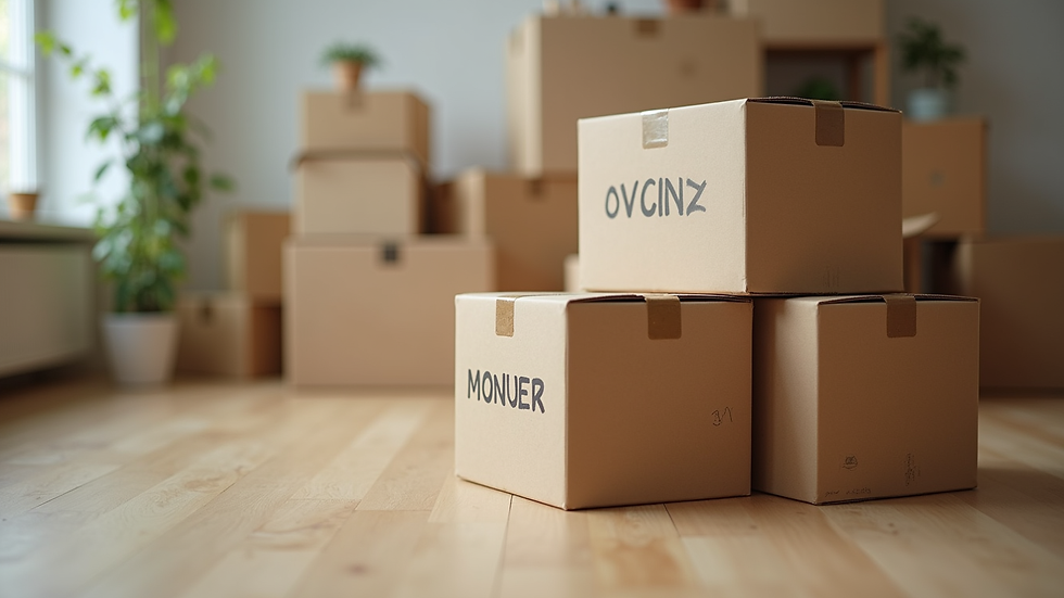 Close-up view of packed boxes labeled for moving