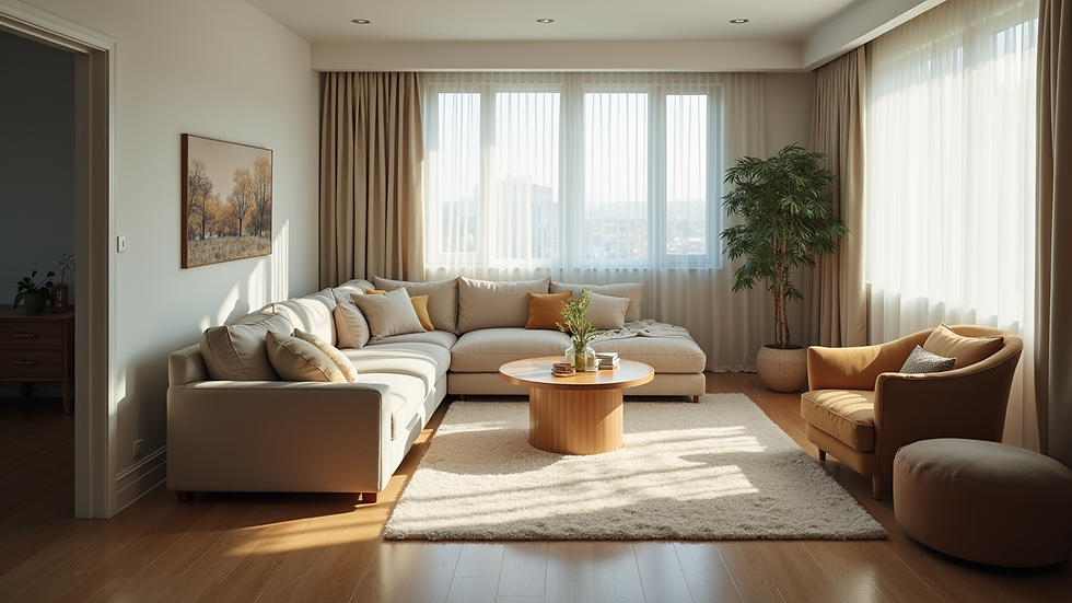 High angle view of a neatly organized living room after moving