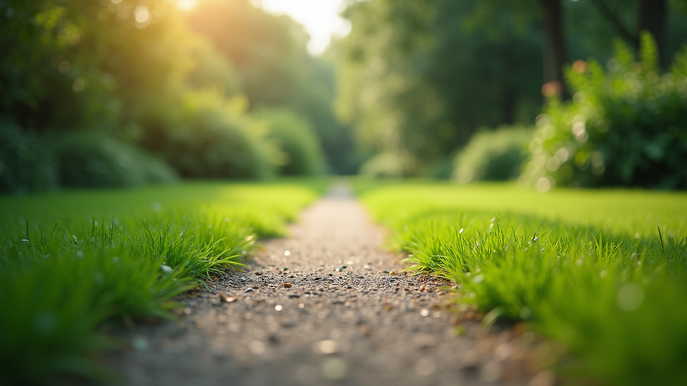 Eye-level view of a peaceful garden path surrounded by lush greenery