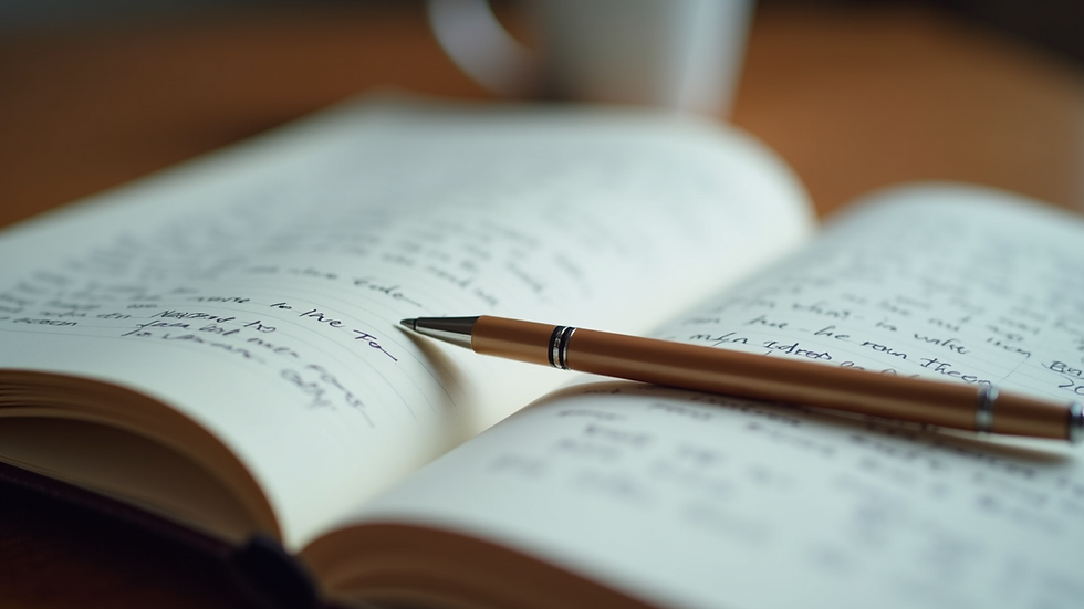 Close-up view of a journal with handwritten notes and a pen