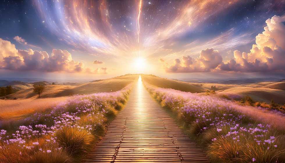 Firefly A serene, ethereal landscape with a glowing golden path leading toward a radiant h