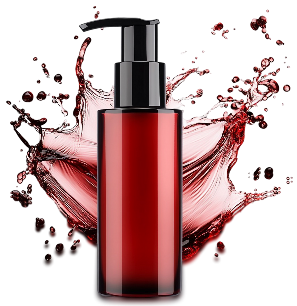 Dark red pump bottle with liquid splash