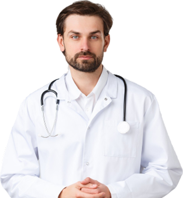 A doctor wearing a white coat with stethoscope looking forward.