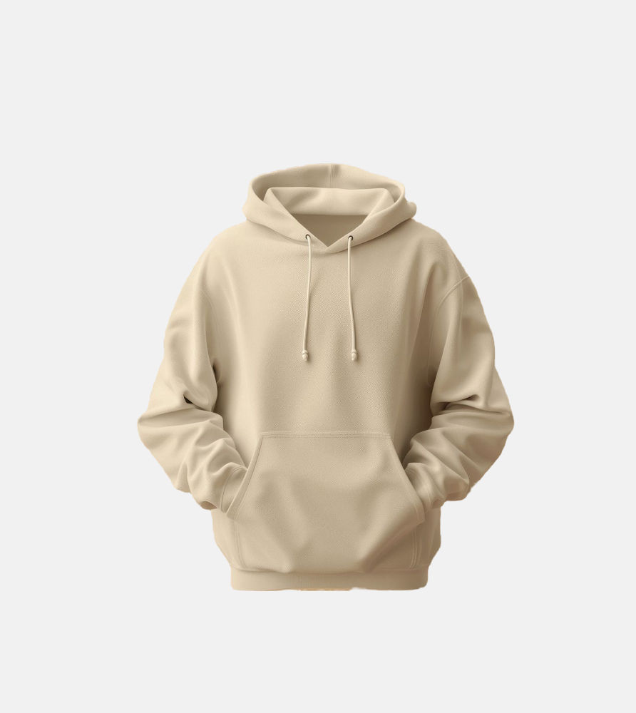Beige hoodie with a pocket on a white background, simple design.