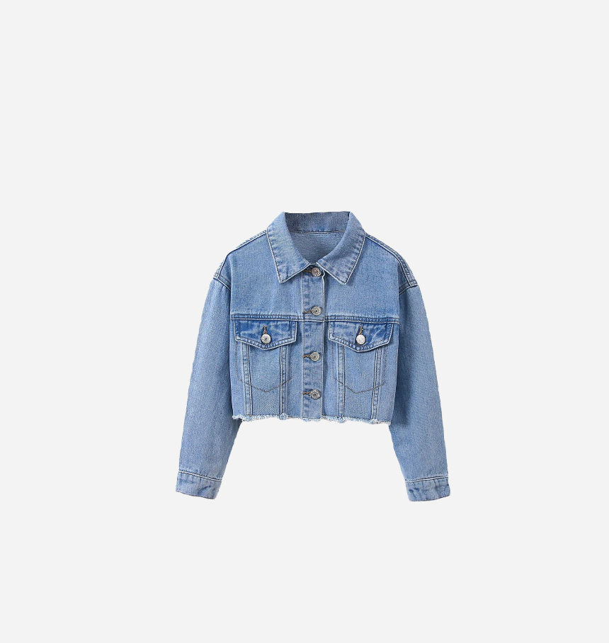 Light blue denim jacket with cropped hem, isolated on white background