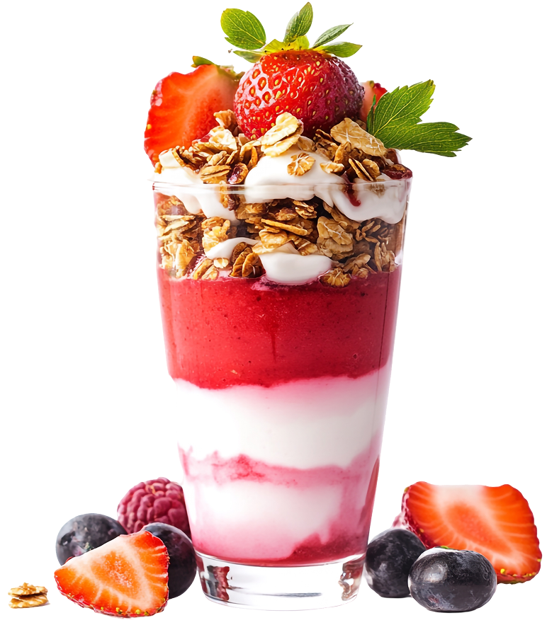 A parfait with berries and granola, layered in a clear glass about a dessert.