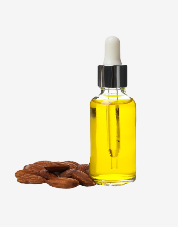 Almond face oil bottle with dropper and almonds