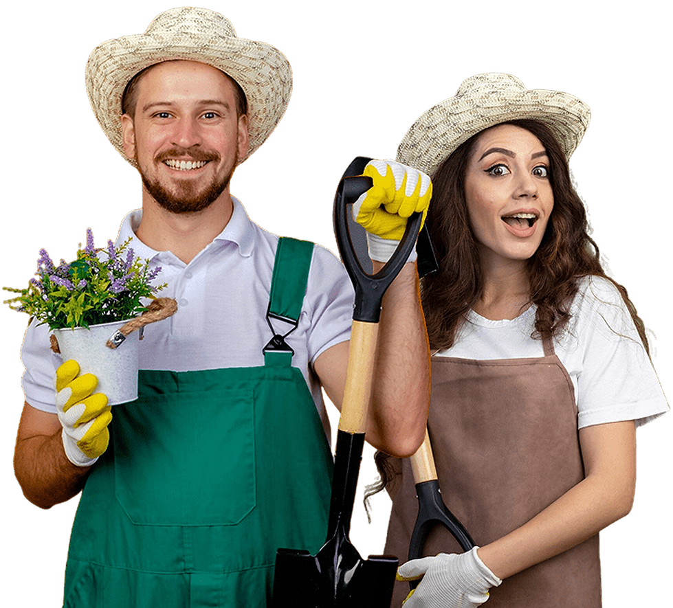 Two smiling gardeners with a plant and shovel