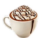 Hot chocolate in a white mug with whipped cream and chocolate drizzle