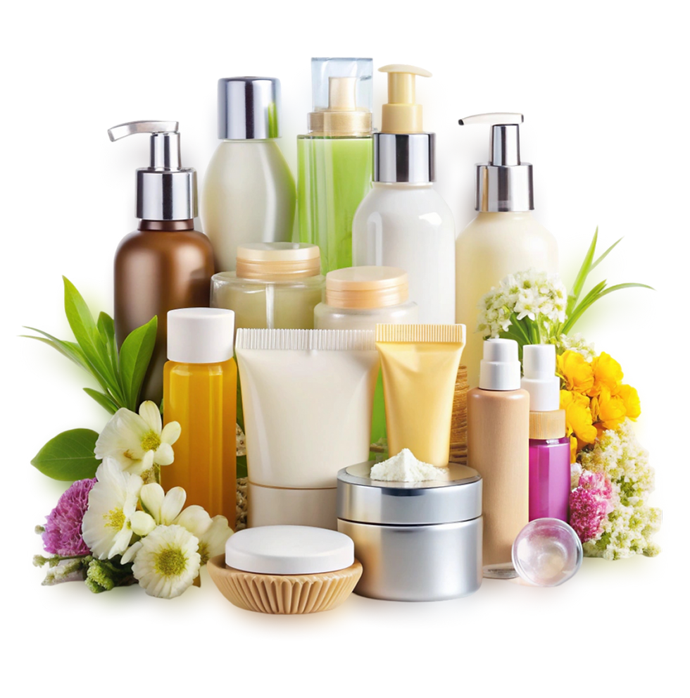 Assortment of skincare and beauty products with flowers