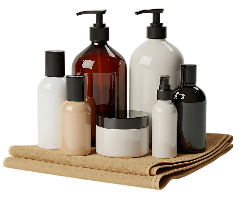 Skincare product bottles and jars on a towel