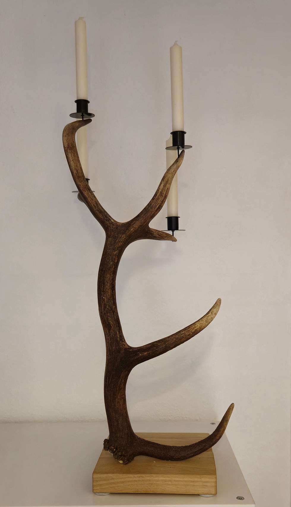 Miniaturbild: Exklusiver Kerzenleuchter aus naturbelassenem Rotwildgeweih auf einem Eichenbrett