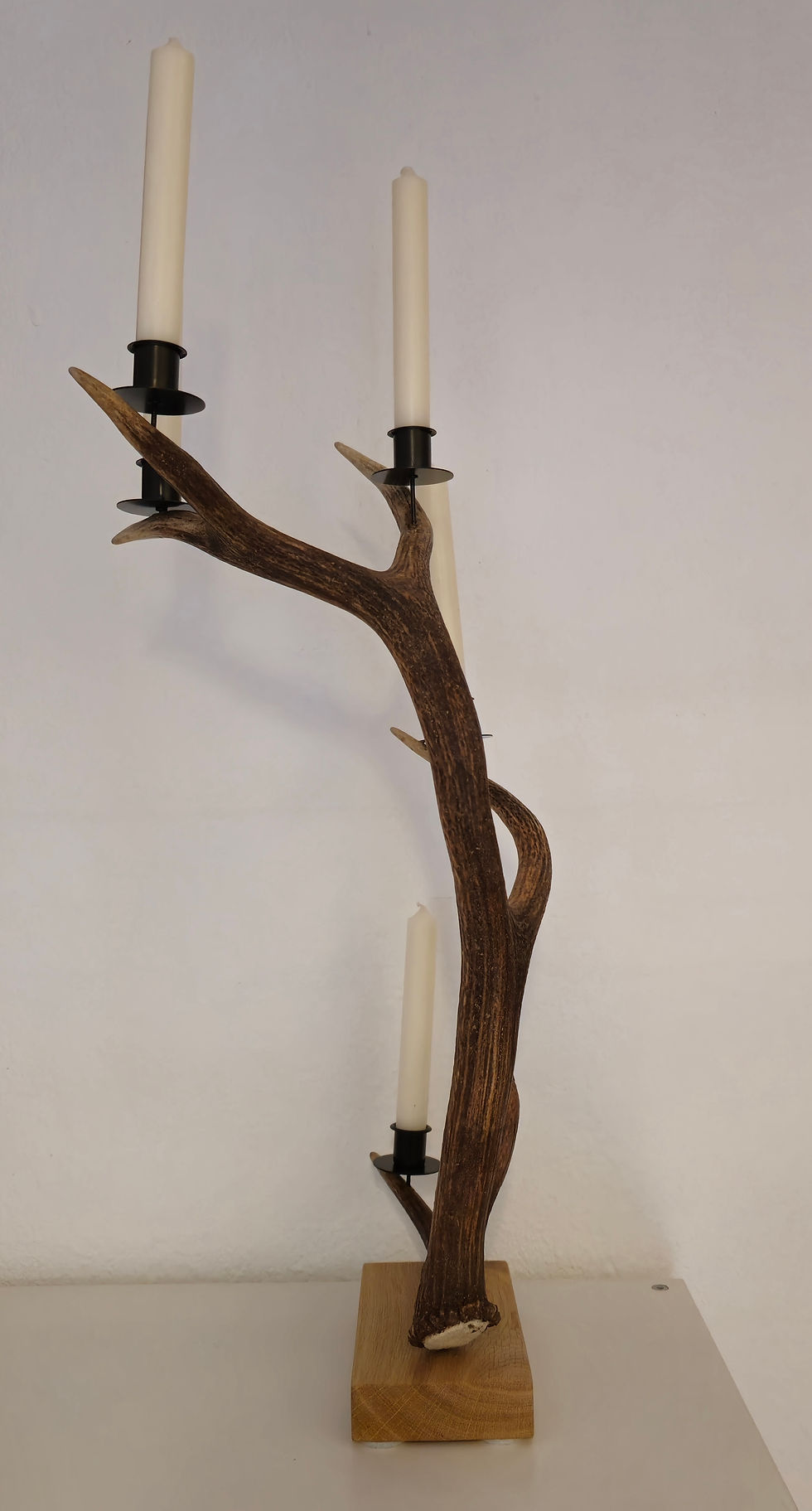 Miniaturbild: Exklusiver Kerzenleuchter aus naturbelassenem Rotwildgeweih auf einem Eichenbrett