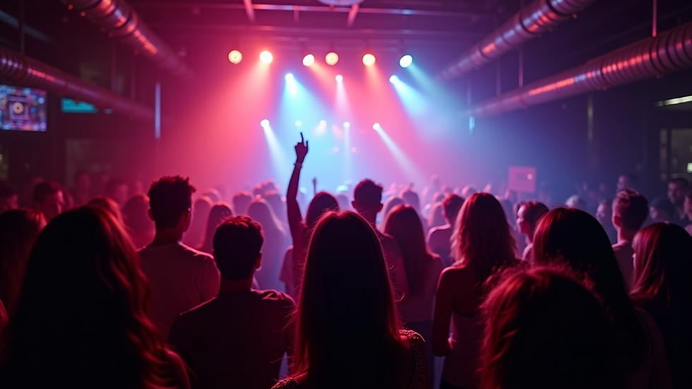 eye-level view of a crowded urban club with colorful lights and a DJ booth