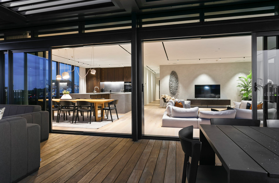 Kitchen, Living and dining at France Street apartment designed by Kerri, with soft textures and a calm, modern atmosphere