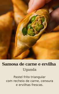 Samosa de carne e ervilha de Uganda. Pastel frito triangular com recheio de carne, cenoura e ervilhas frescas.