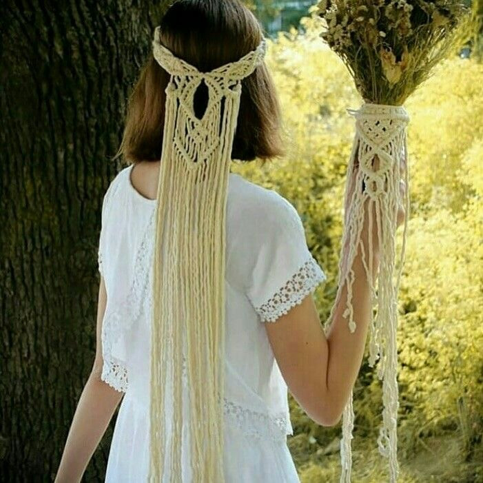 Pack Tiara y Cubre Ramo de Macramé 