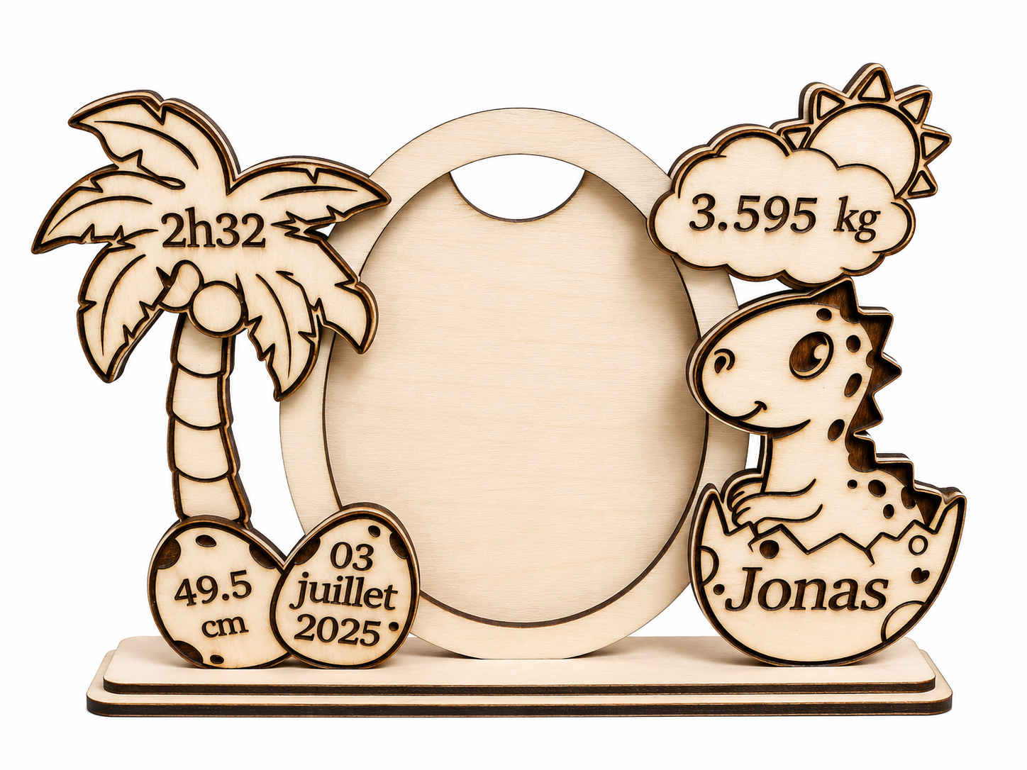 Cadre de Naissance Personnalisé — Dinosaure en Bois Gravé