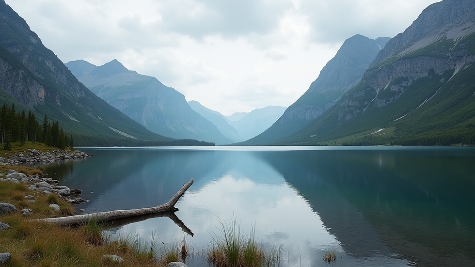 Eye-level view of a scenic Nordic landscape with mountains and a lake