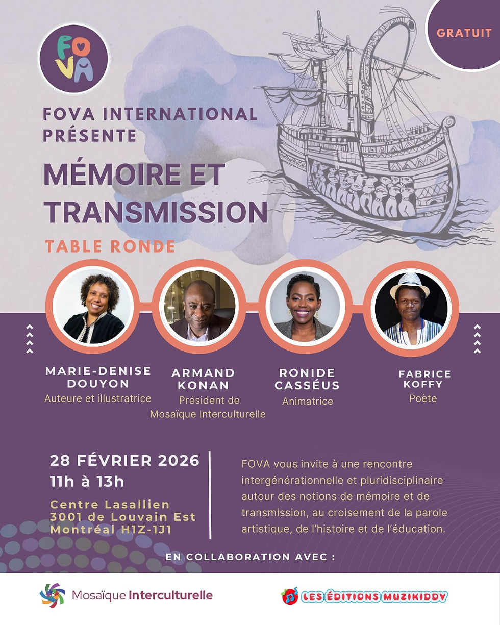 Affiche de la table ronde Mémoire et transmission réunissant Marie-Denise Douyon, Armand Konan, Fabrice Koffy et Ronide Casséus à Montréal.