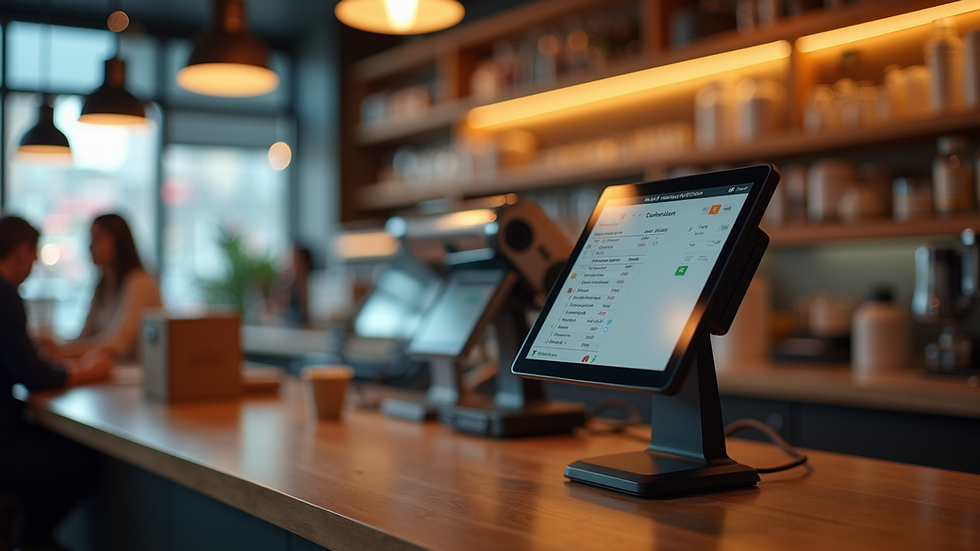 High angle view of a modern POS system on a restaurant counter