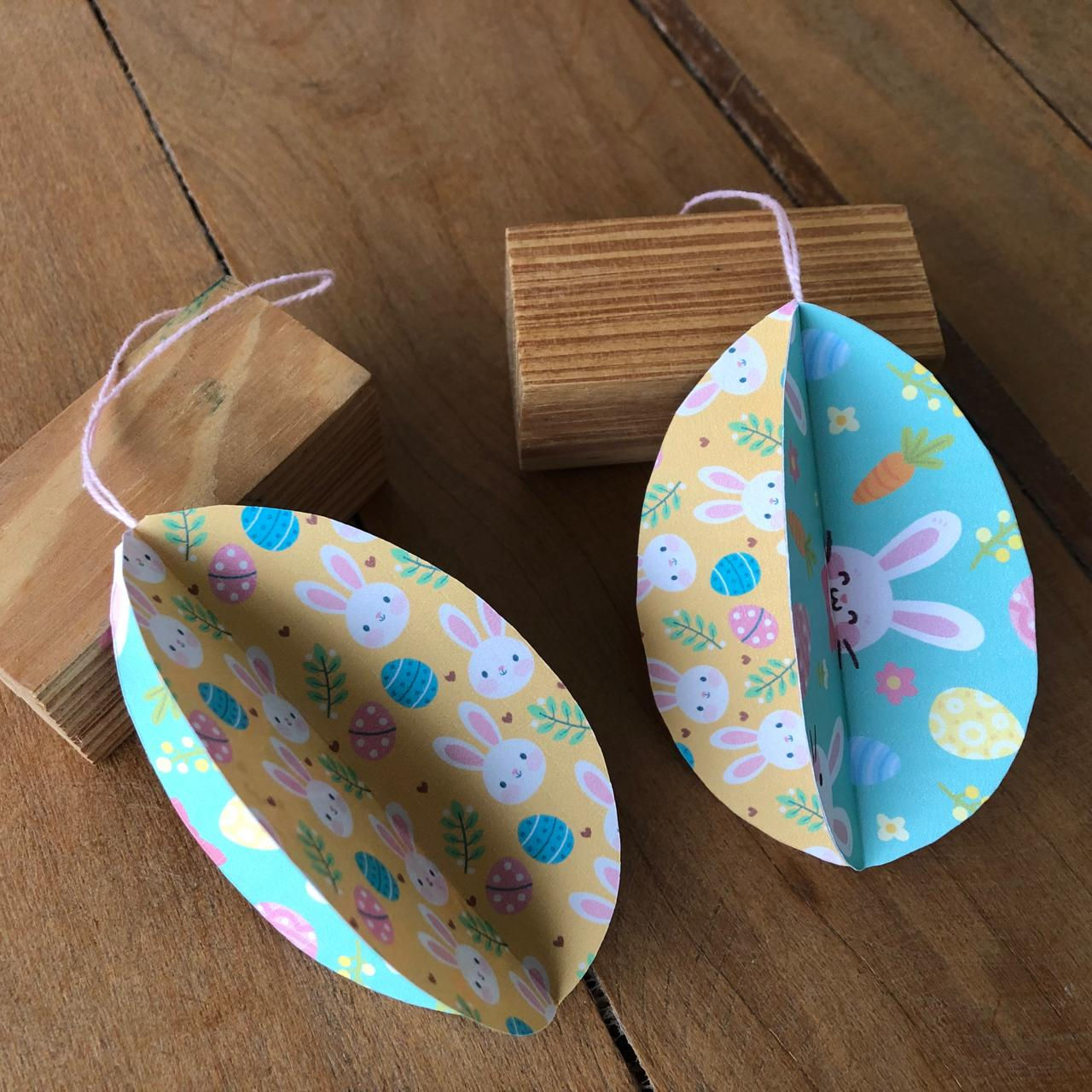Enfeite de Páscoa, ovos em papel, artesanais, feitos a mão, decorativos, com 4 dobraduras, personalizados e estampas fofas