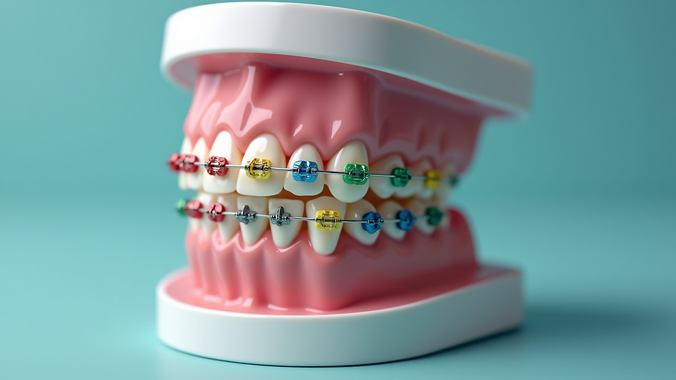 High angle view of colorful orthodontic braces on a dental model