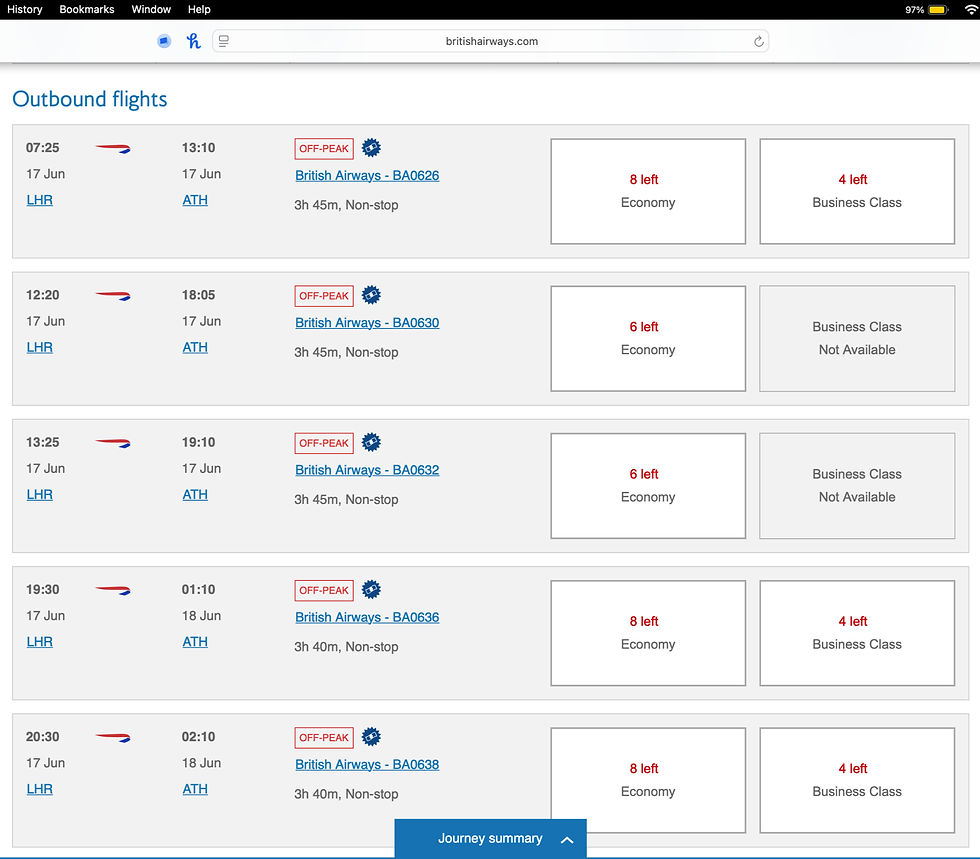 Screen showing plenty of AVIOS availability