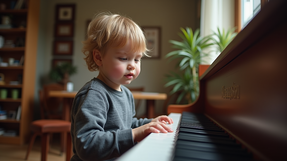 Eye-level view of a child practicing piano with a focused expression