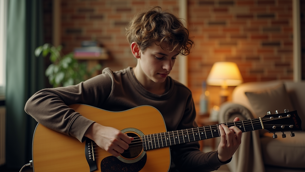 Eye-level view of an adult learner practicing guitar in a cozy room