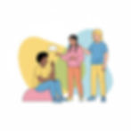 Drei Jugendliche im Gespräch mit Textblase im gelben, rosa und blauen Hintergrund