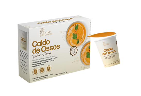 Caldo de Ossos sabor carne da Sorgen D’Helene, suplemento funcional com colágeno tipo II, magnésio, cálcio e cúrcuma