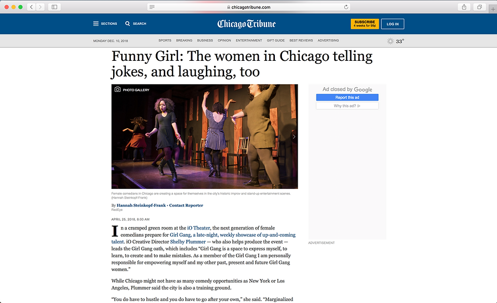 The image is a screenshot of the Chicago Tribune article with a photo of the ladies of Matt Damon Improv on stage and the first paragraph of text.