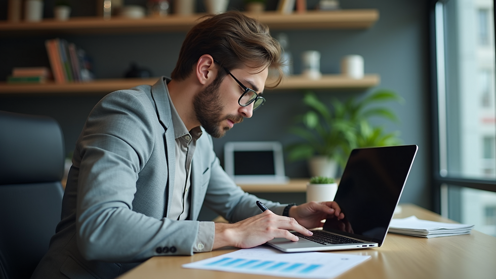 Eye-level view of a small business owner analyzing data on a laptop