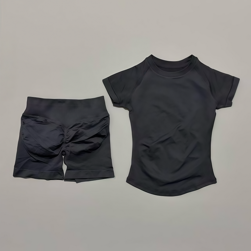 Thumbnail: 2 Pieces HISTELLO Sports Sets Short Sleeve Seamless Yoga Top Fitness Set Women W