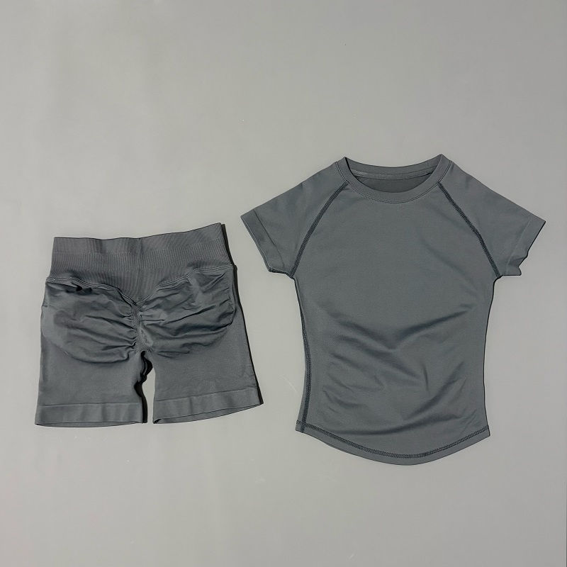 Thumbnail: 2 Pieces HISTELLO Sports Sets Short Sleeve Seamless Yoga Top Fitness Set Women W