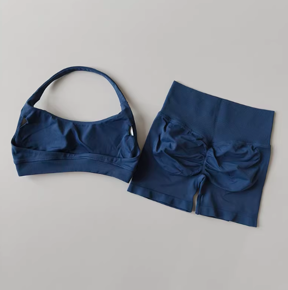 Thumbnail: Sexy Halter Neck Beautiful Back High Waist Peach Sports Bras Shorts Suit Pilates