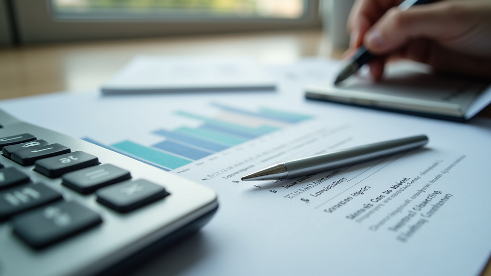 Close-up view of a calculator and financial documents