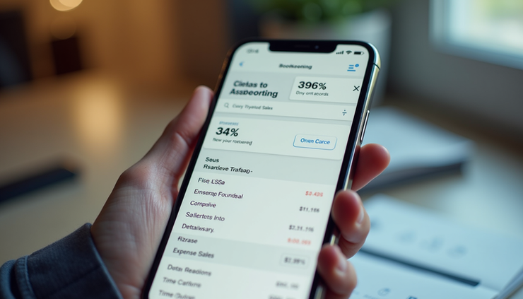 Close-up view of a smartphone showing an e-commerce bookkeeping app with sales and expense tracking