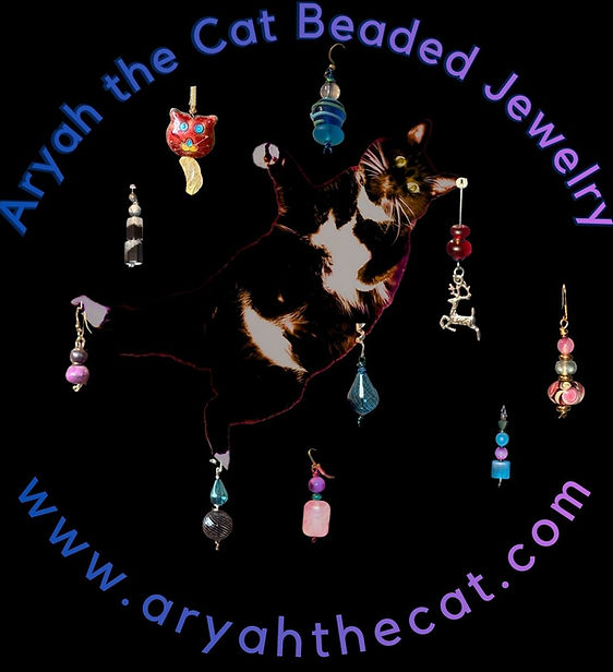 Aryah the Cat Beaded Jewelry logo with tuxedo cat and earrings, www.aryahthecat.com