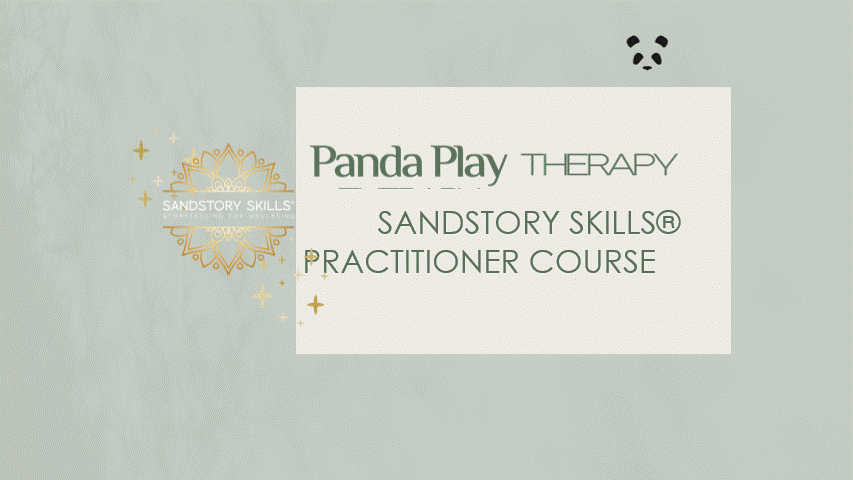 A white rectangle with the text "Panda Play Therapy" and "Sandstory Skills® Practitioner Course" in a gold font. A small panda icon is in the top right corner