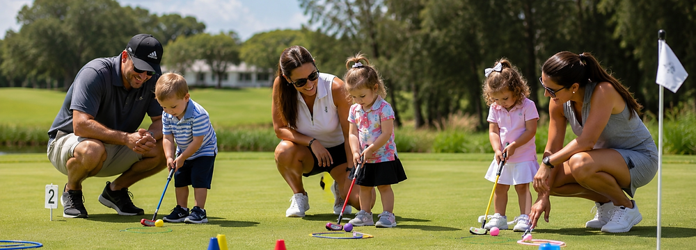 Parents helping toddlers learn putting during a Tiny Tees Tots golf class at Royal St. Cloud Golf Links in St. Cloud, Florida.