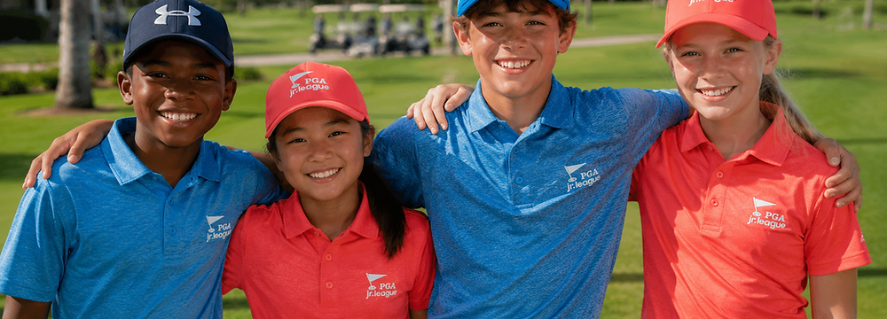 Co-ed PGA Jr. League players smiling together during team golf activities at Royal St. Cloud Golf Links in Central Florida, building friendships, confidence, and teamwork through junior golf.