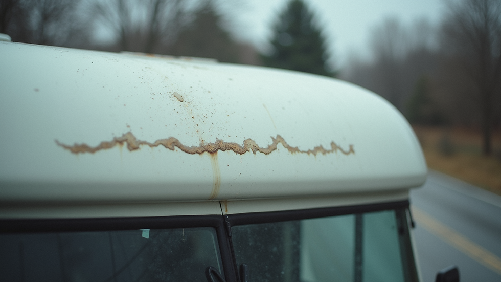 Eye-level view of a recreational vehicle roof with visible water damage