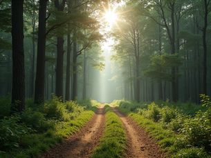 Illustratie van een bospad met een grasstrook in het midden en zonlicht tussen de bomen.