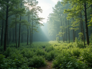 Illustration of a narrow path through a leafy forest in soft light.