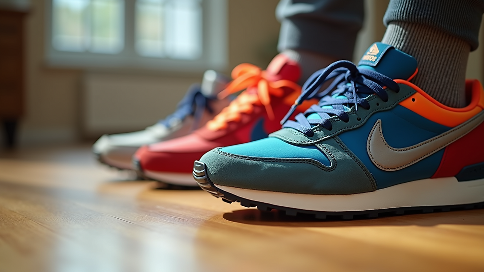 Close-up of colorful sports shoes on a wooden floor