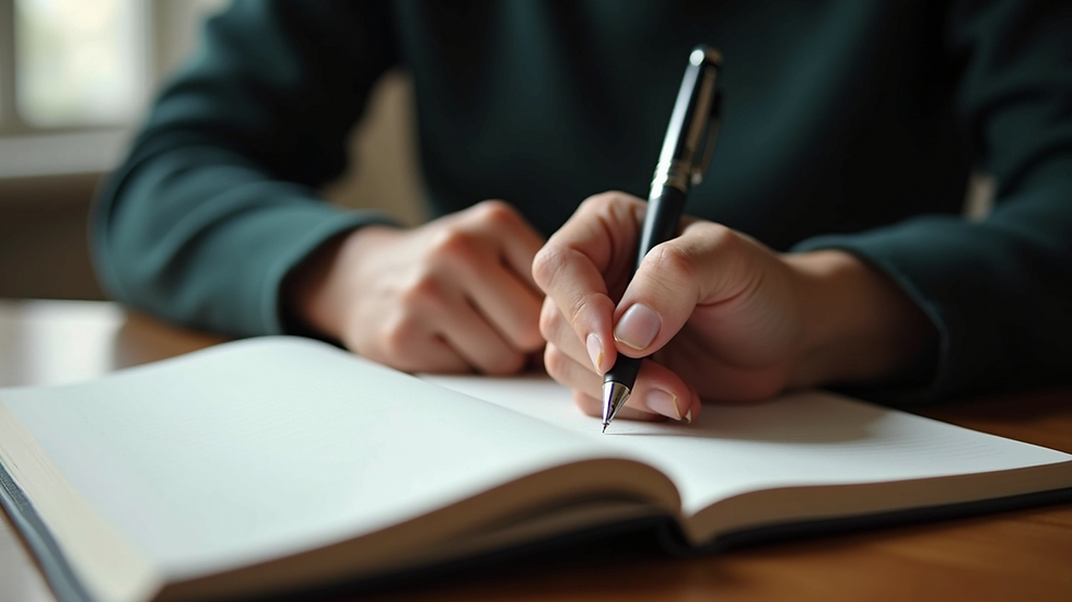 Close-up view of a person writing in a journal with a pen