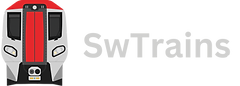 This image shows a logo with a stylized modern train on the left and the text "SwTrains" .