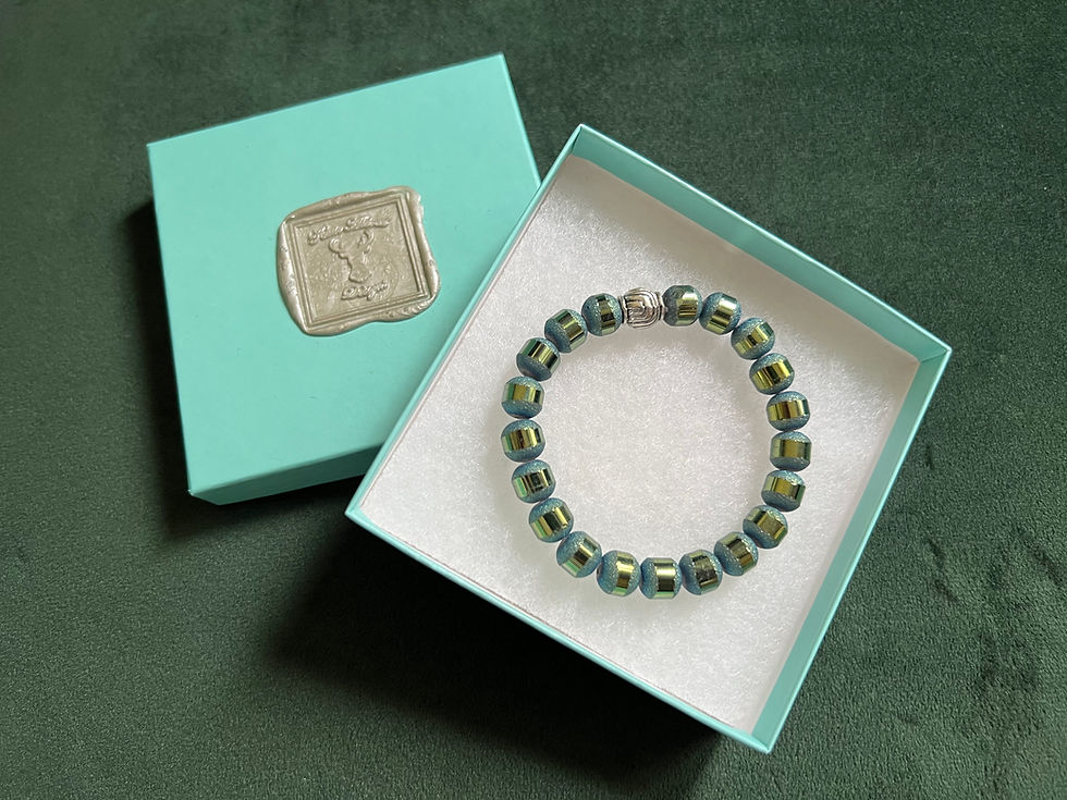 Metallic Green Stripe on Teal Glass Bead Elasticated